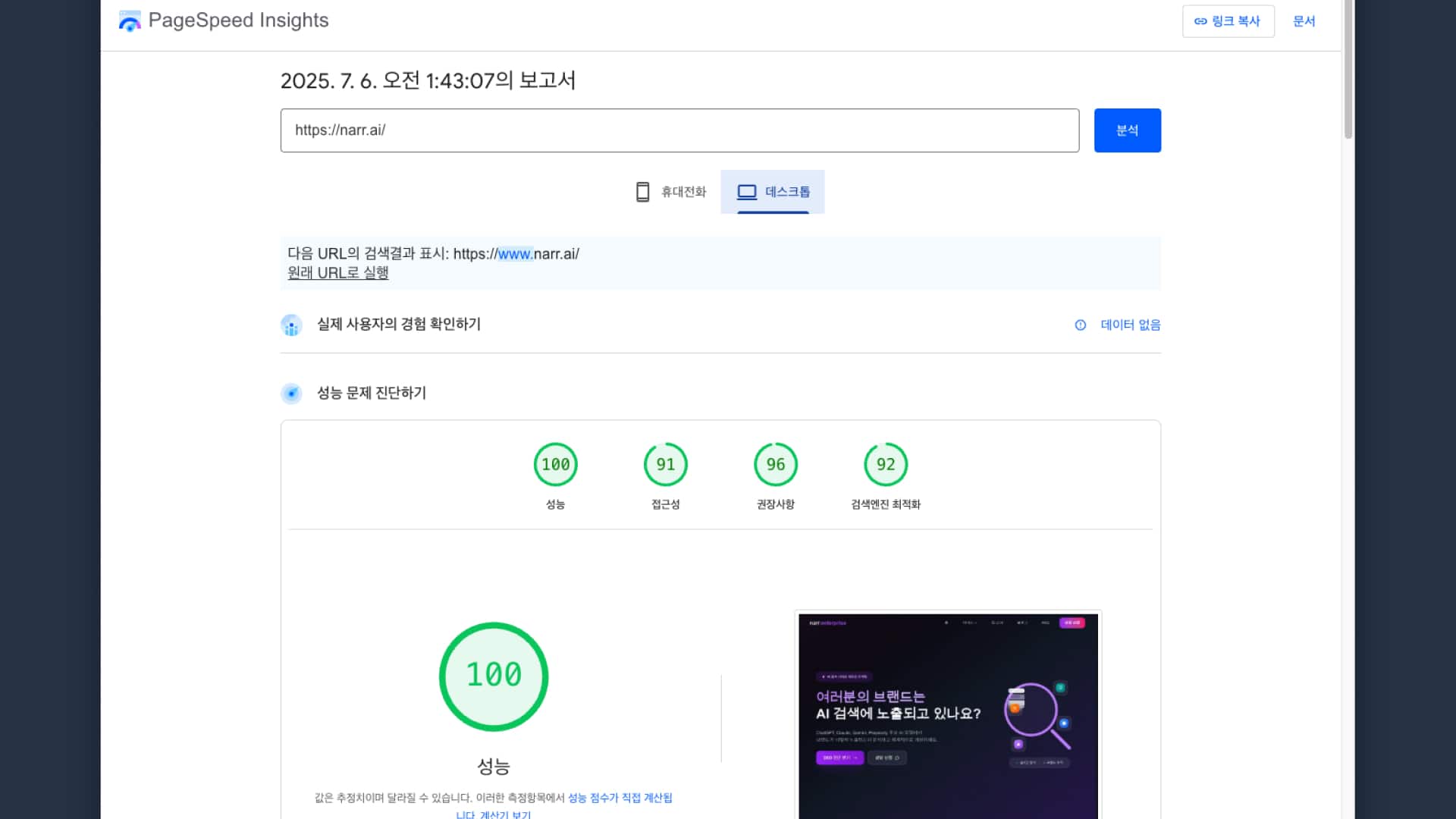 나르 웹사이트 테크니컬 SEO 측정 - PageSpeed Insights 데스크톱 결과